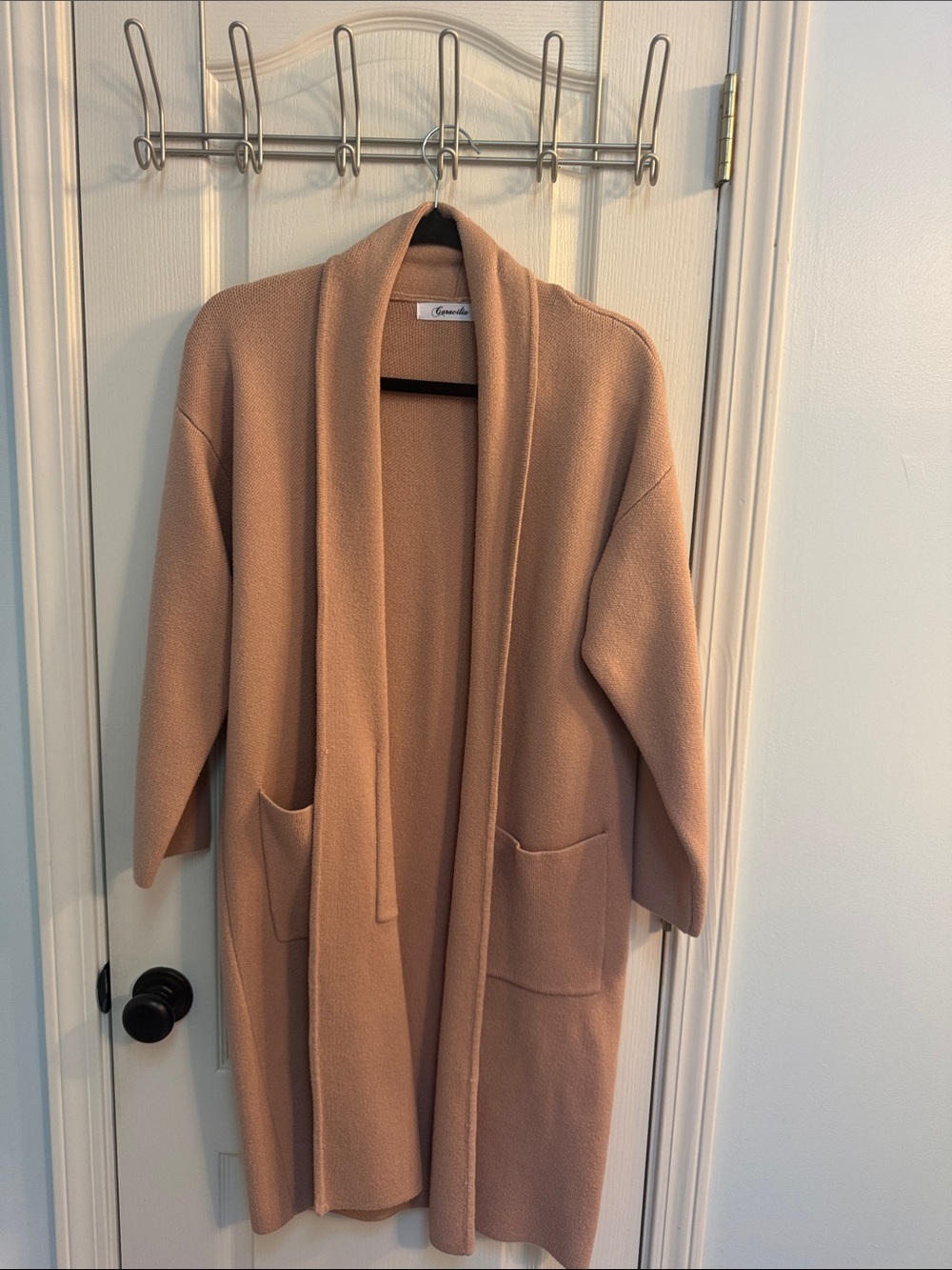 Open-Front Long Pocket Cardigan in Camel